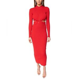 Ronny Kobo Red Cutout Knit Midi Dress Bodycon Mock Neck Statement Occasion Small